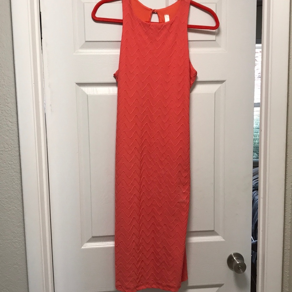 Coral dress with chevron pattern